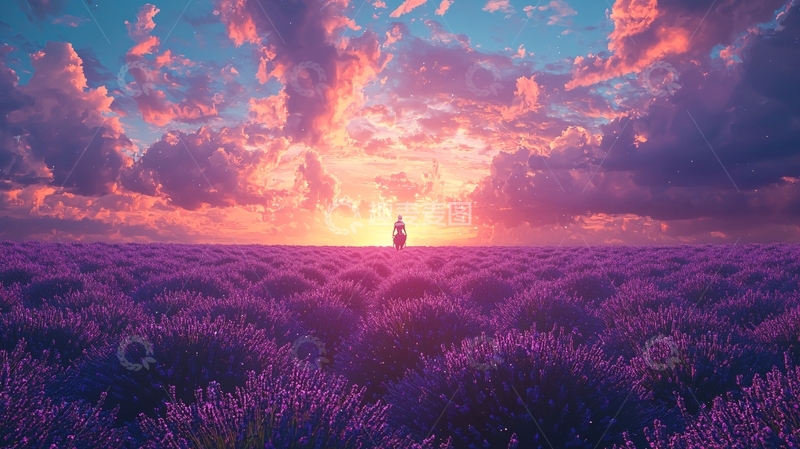 高清大图下载【趣麦麦图】薰衣草花田日落美景