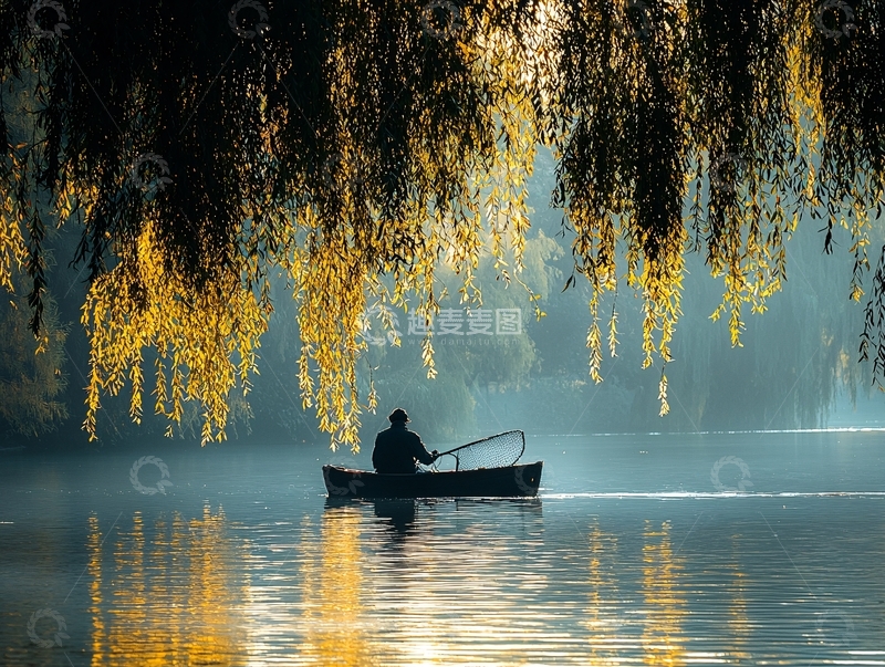 高清大图下载【趣麦麦图】湖面垂柳倒影渔夫剪影