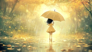 女孩撑伞雨中漫步