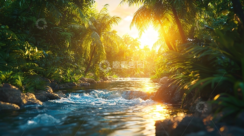 高清大图下载【趣麦麦图】热带雨林溪流日落