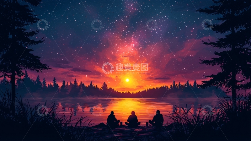 高清大图下载【趣麦麦图】星空下的湖边篝火
