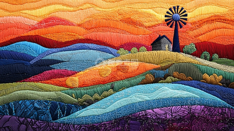 高清大图下载【趣麦麦图】彩色田园风光拼布画