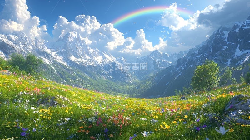 高清大图下载【趣麦麦图】彩虹山脉鲜花田野