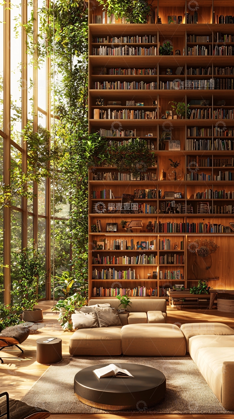 高清大图下载【趣麦麦图】绿植环绕的落地窗书墙客厅