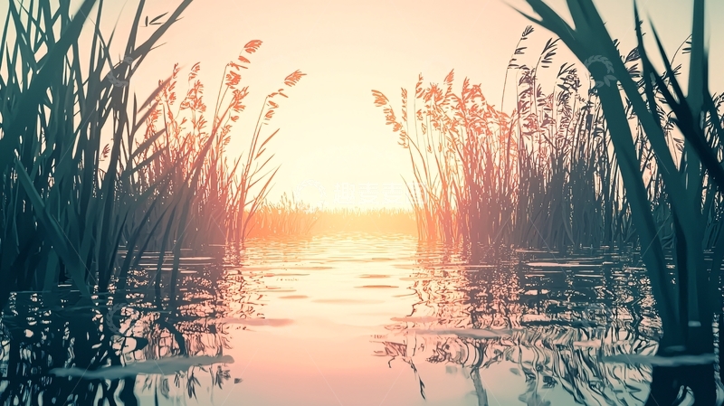 高清大图下载【趣麦麦图】日出芦苇荡水面倒影