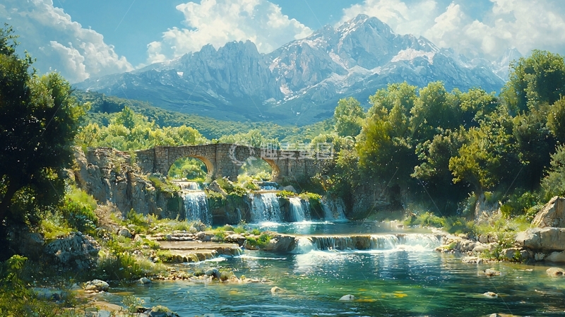 高清大图下载【趣麦麦图】山间瀑布古桥风景