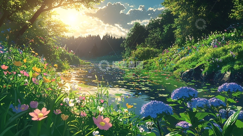 高清大图下载【趣麦麦图】阳光森林溪流