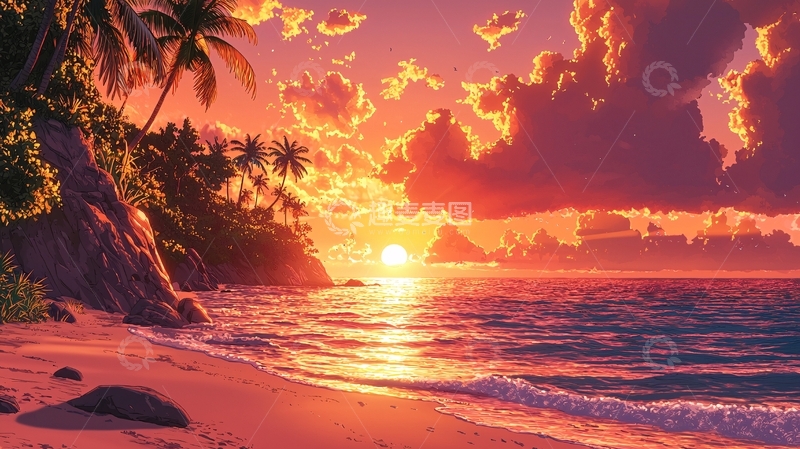 高清大图下载【趣麦麦图】热带海滩日落风景