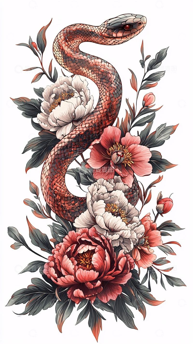 高清大图下载【趣麦麦图】红棕色蛇缠绕牡丹花