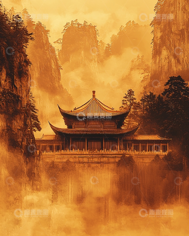 高清大图下载【趣麦麦图】中国风建筑在山间云雾缭绕