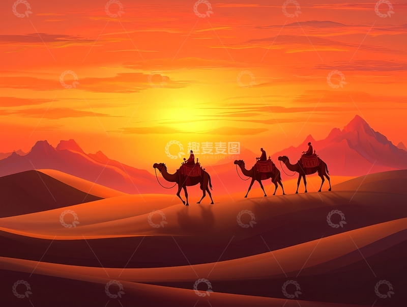 高清大图下载【趣麦麦图】沙漠骆驼队在夕阳下行走
