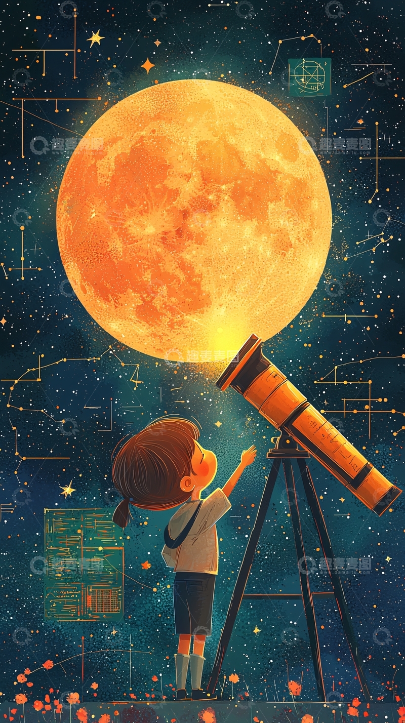 高清大图下载【趣麦麦图】小女孩望远镜看月亮