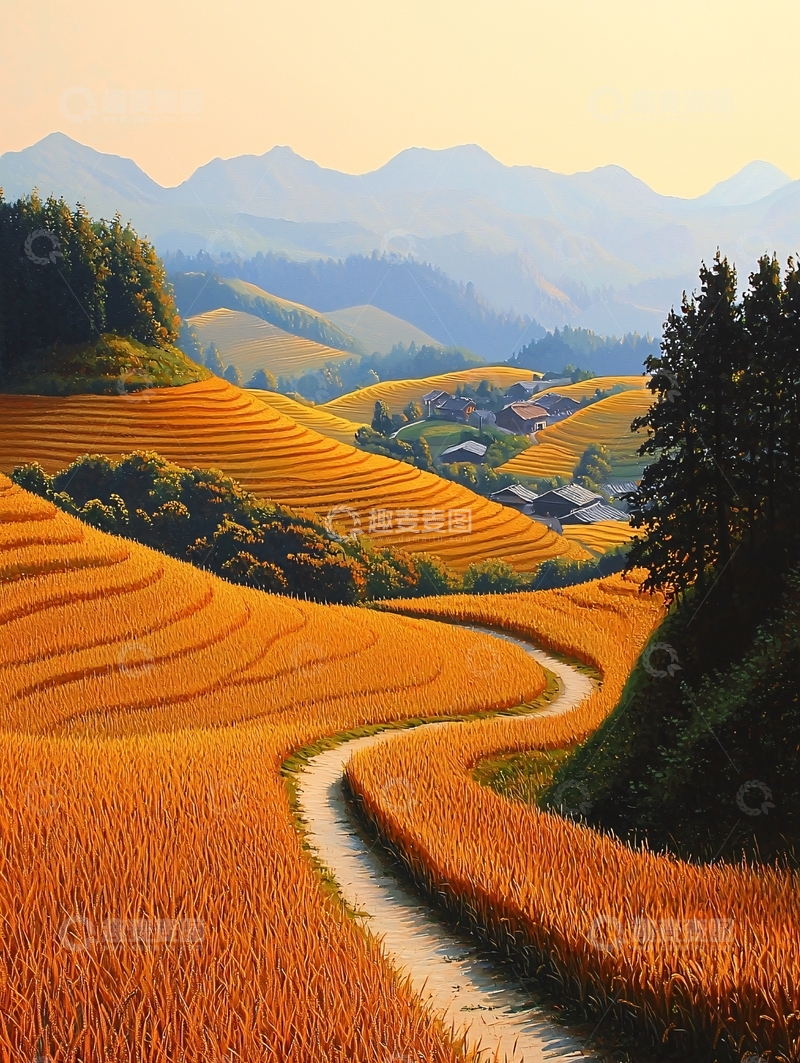 高清大图下载【趣麦麦图】金色梯田蜿蜒小路