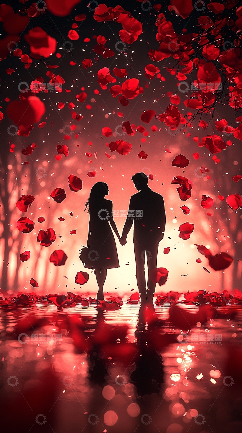 高清大图下载【趣麦麦图】红玫瑰花瓣雨中情侣剪影