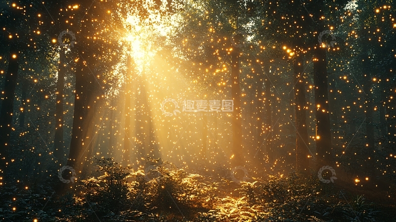 高清大图下载【趣麦麦图】森林阳光萤火虫