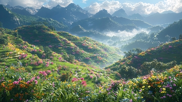 山峦叠嶂花海梯田