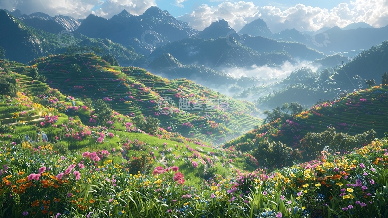 高清大图下载【趣麦麦图】山峦叠嶂花海梯田