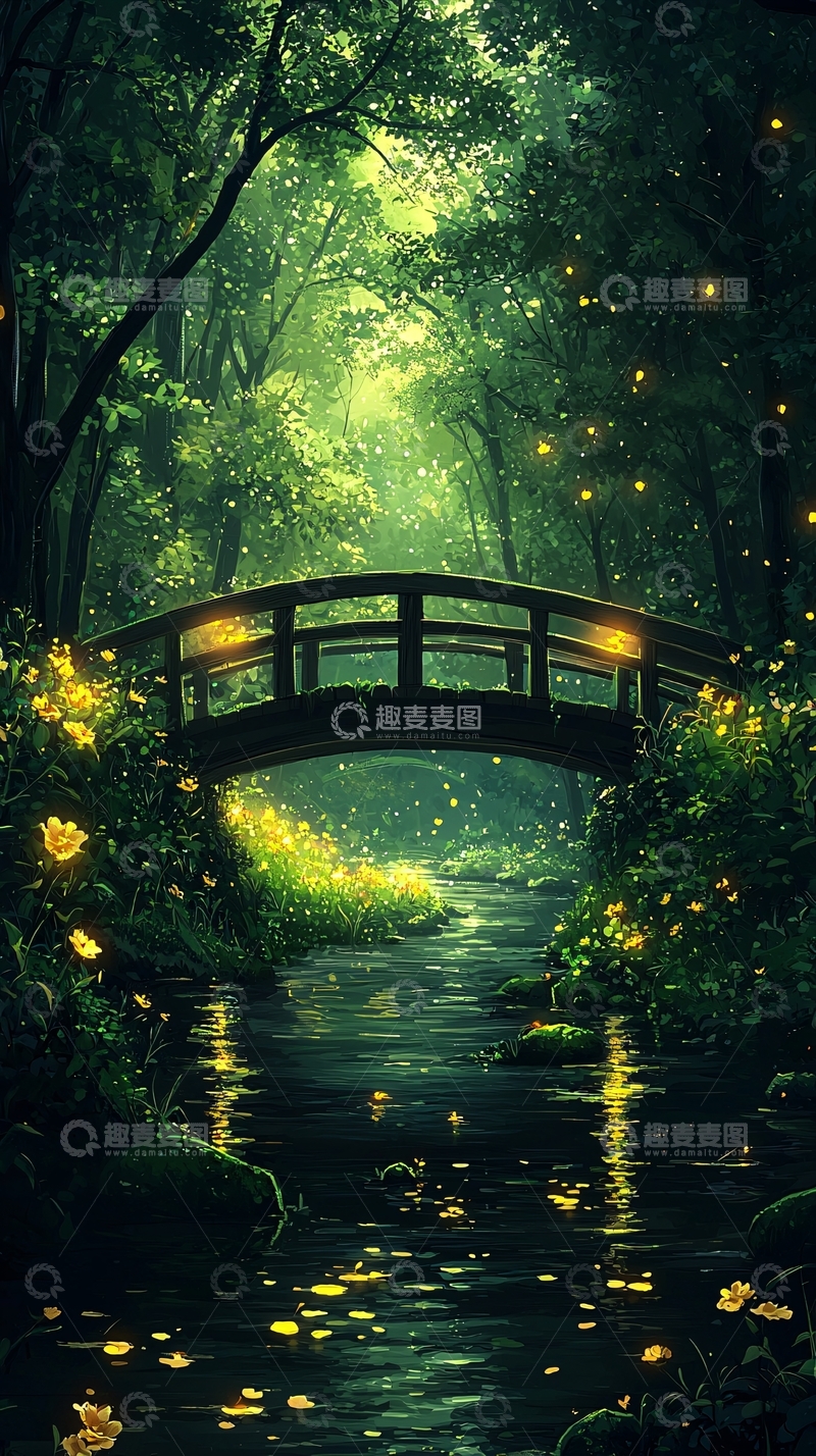 高清大图下载【趣麦麦图】梦幻森林小桥流水萤火虫
