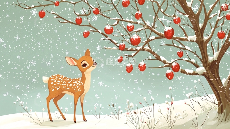 高清大图下载【趣麦麦图】小鹿雪景红果树