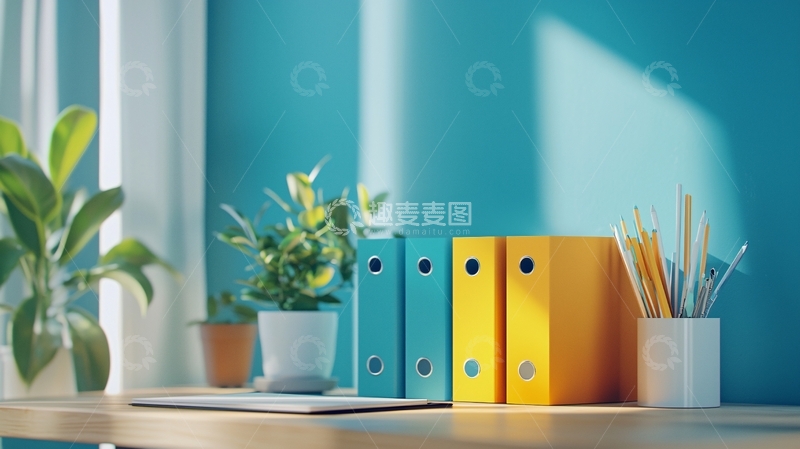 高清大图下载【趣麦麦图】明亮办公桌彩色文件夹绿植