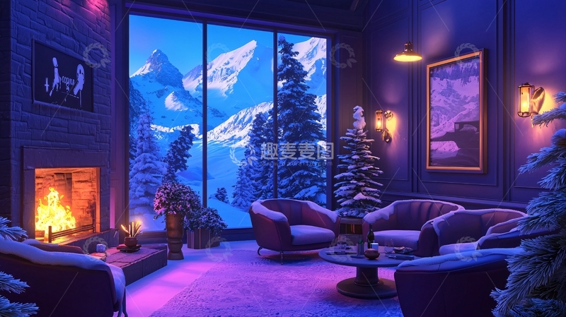 高清大图下载【趣麦麦图】极简风格雪山景观客厅