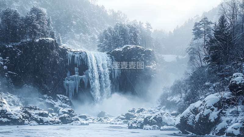 高清大图下载【趣麦麦图】冰雪覆盖的瀑布景观