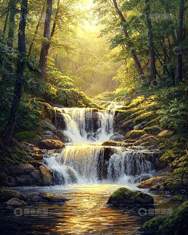 高清大图下载【趣麦麦图】森林瀑布阳光