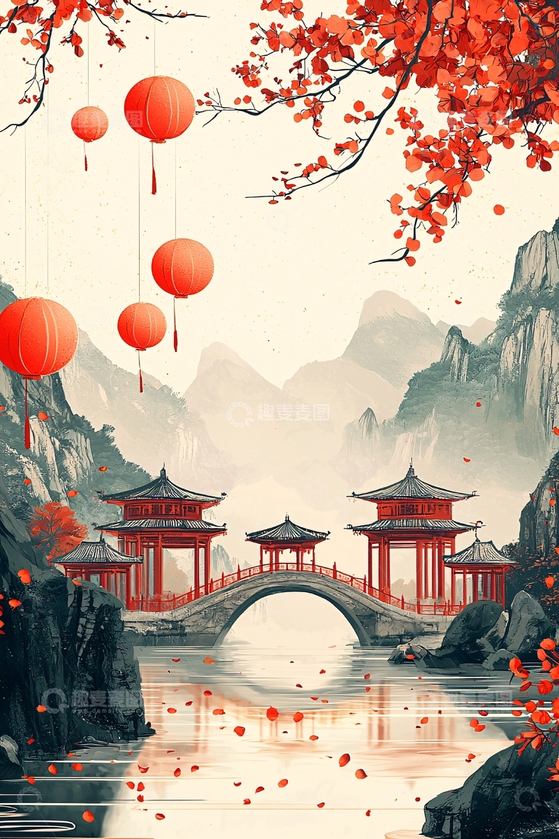 高清大图下载【趣麦麦图】红灯笼下的中式山水画