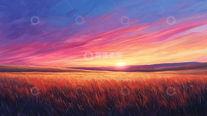 高清大图下载【趣麦麦图】夕阳下的金黄麦田