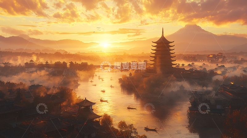 高清大图下载【趣麦麦图】日出时分古塔江景