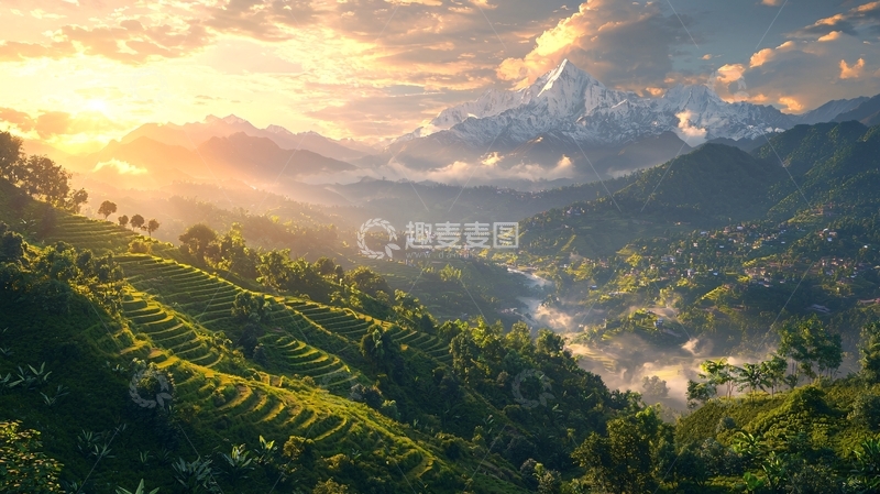 高清大图下载【趣麦麦图】日出山峰梯田景色