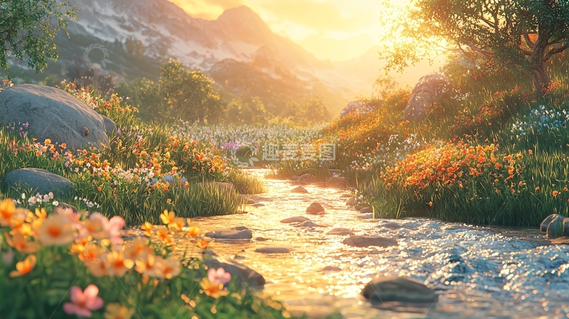 高清大图下载【趣麦麦图】田园风景河流夕阳