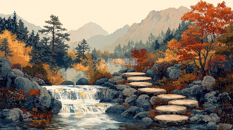 高清大图下载【趣麦麦图】秋日山林溪流石阶