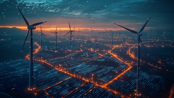 夜景城市风力发电