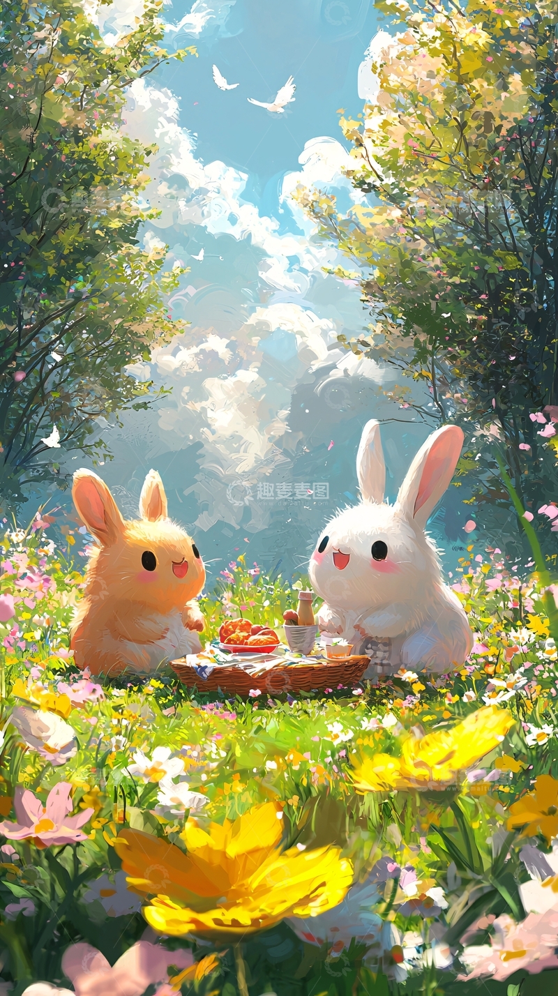 高清大图下载【趣麦麦图】草地上的兔子野餐