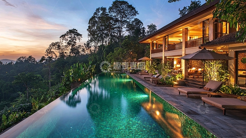 高清大图下载【趣麦麦图】山顶别墅泳池落日景观