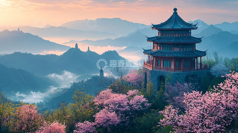 高清大图下载【趣麦麦图】山间古塔与樱花盛开的景色