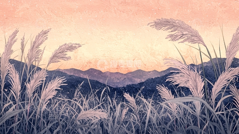 高清大图下载【趣麦麦图】落日余晖下的芦苇与山峦