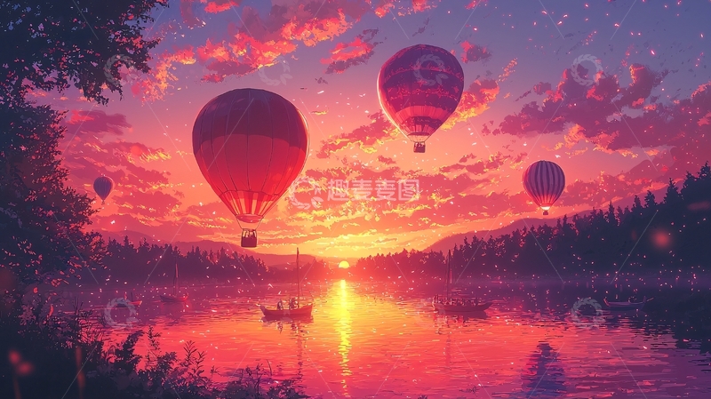高清大图下载【趣麦麦图】夕阳西下热气球风景