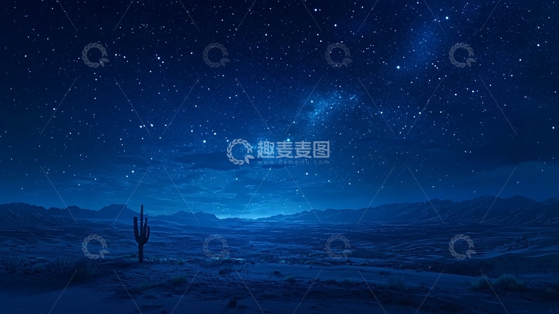 高清大图下载【趣麦麦图】深蓝夜空下的荒漠仙人掌