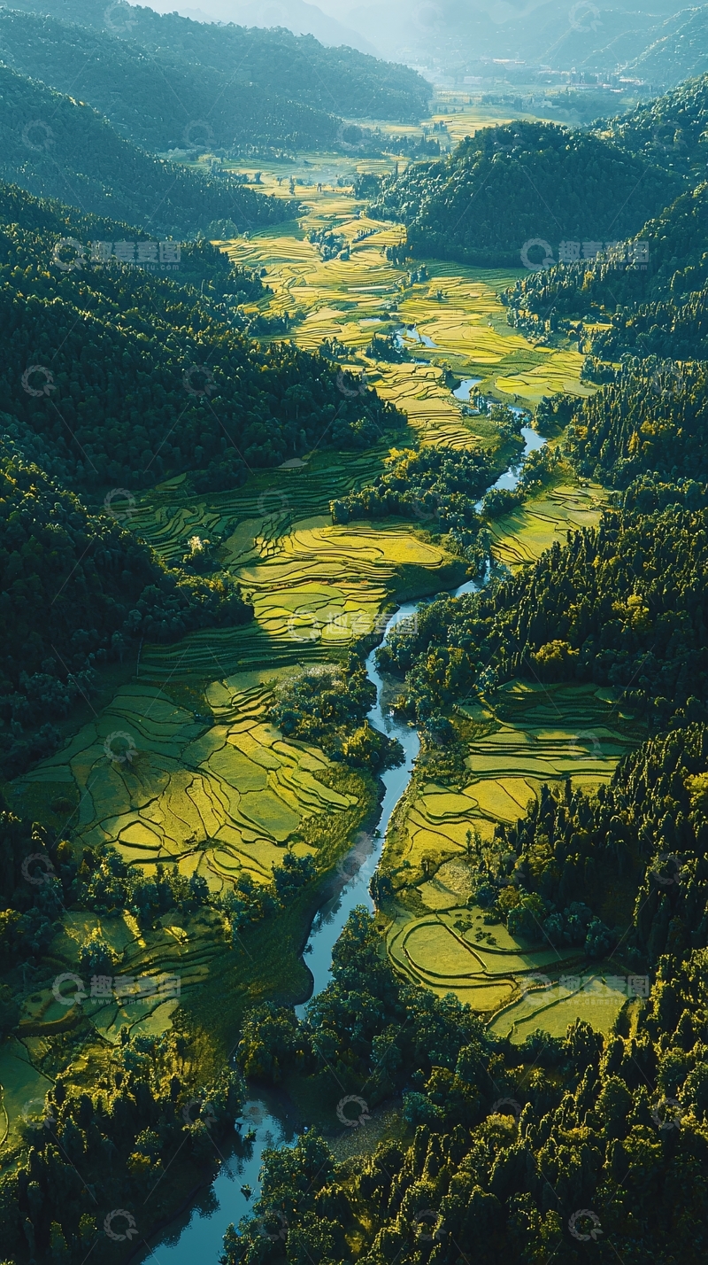 高清大图下载【趣麦麦图】山谷河流梯田景色
