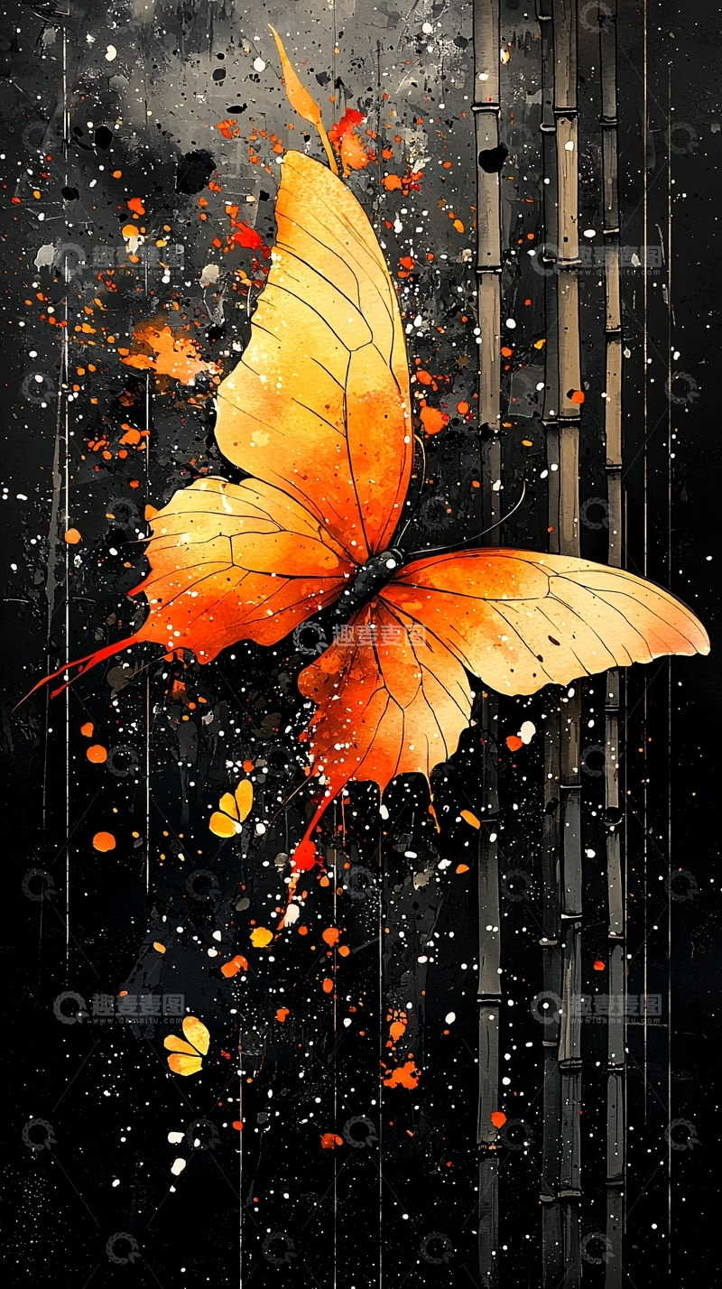 高清大图下载【趣麦麦图】金色蝴蝶水彩画