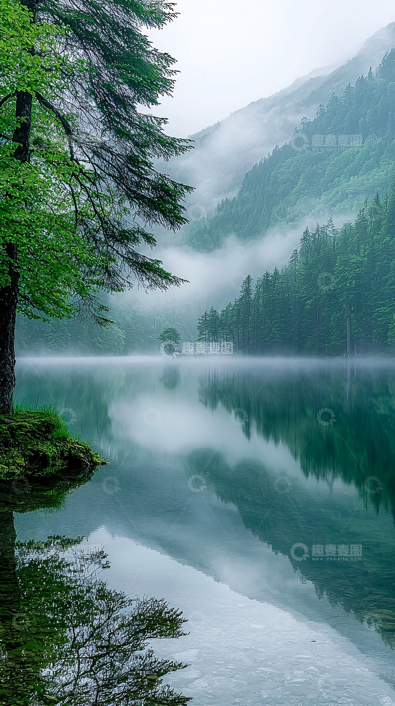 高清大图下载【趣麦麦图】雾气弥漫的湖光山色