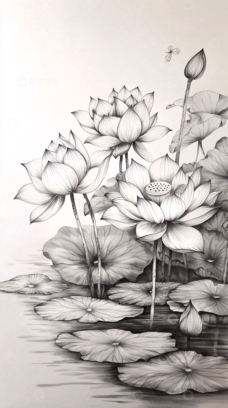 高清大图下载【趣麦麦图】铅笔画荷花