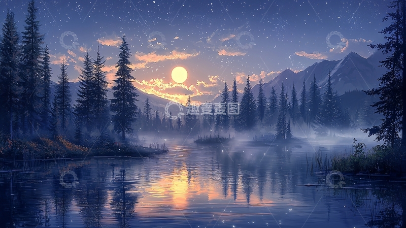 高清大图下载【趣麦麦图】月夜森林湖泊景色
