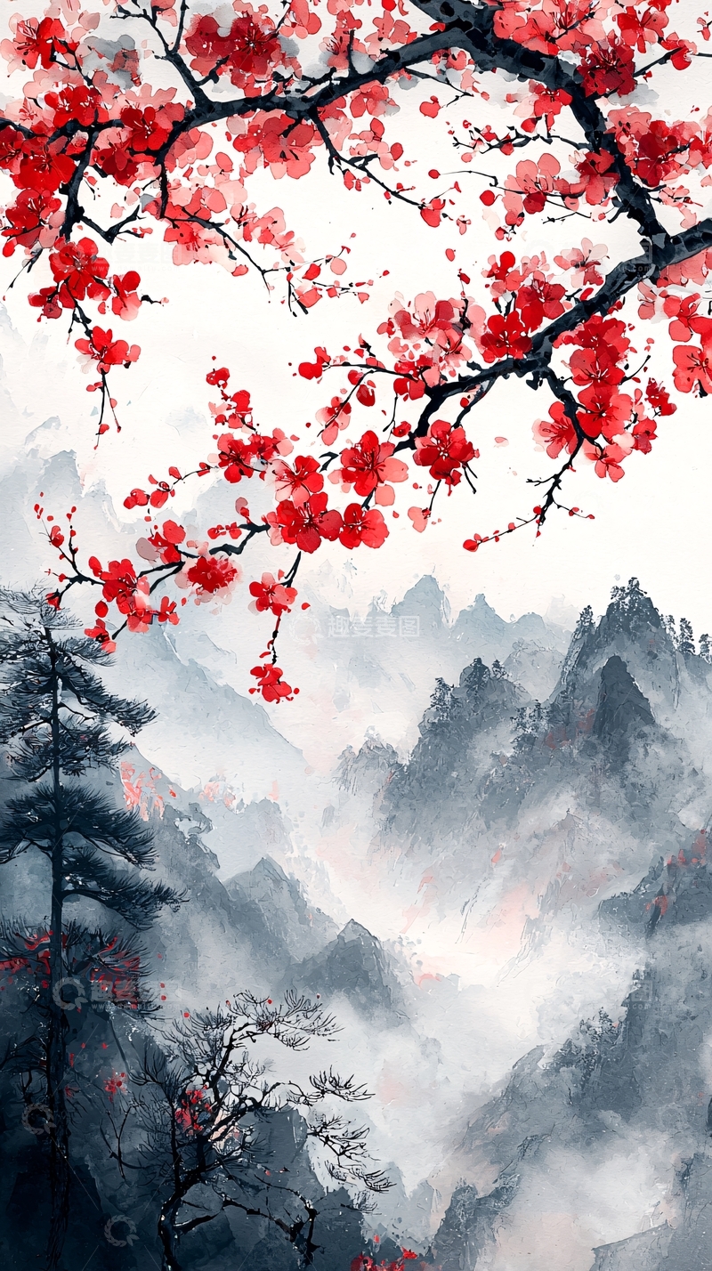 高清大图下载【趣麦麦图】红梅山峦水墨画