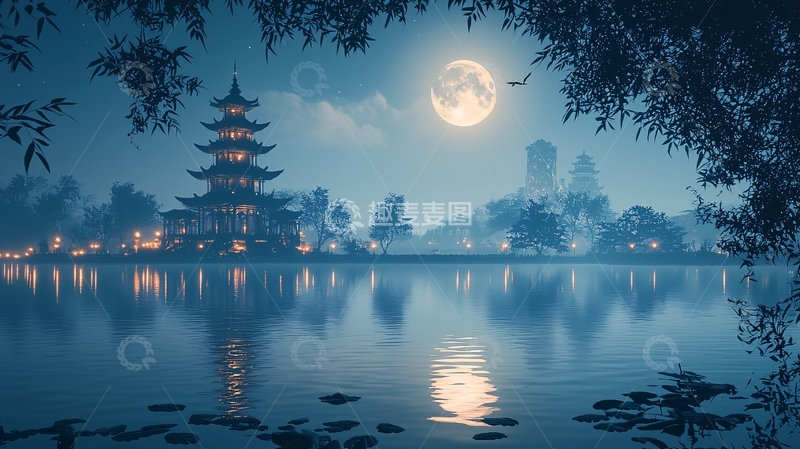 高清大图下载【趣麦麦图】月夜古塔湖景