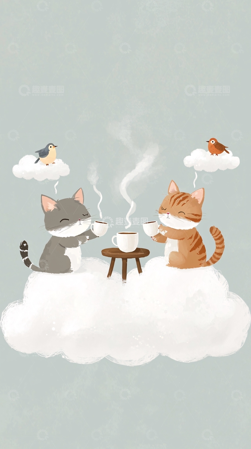 高清大图下载【趣麦麦图】猫咪喝茶