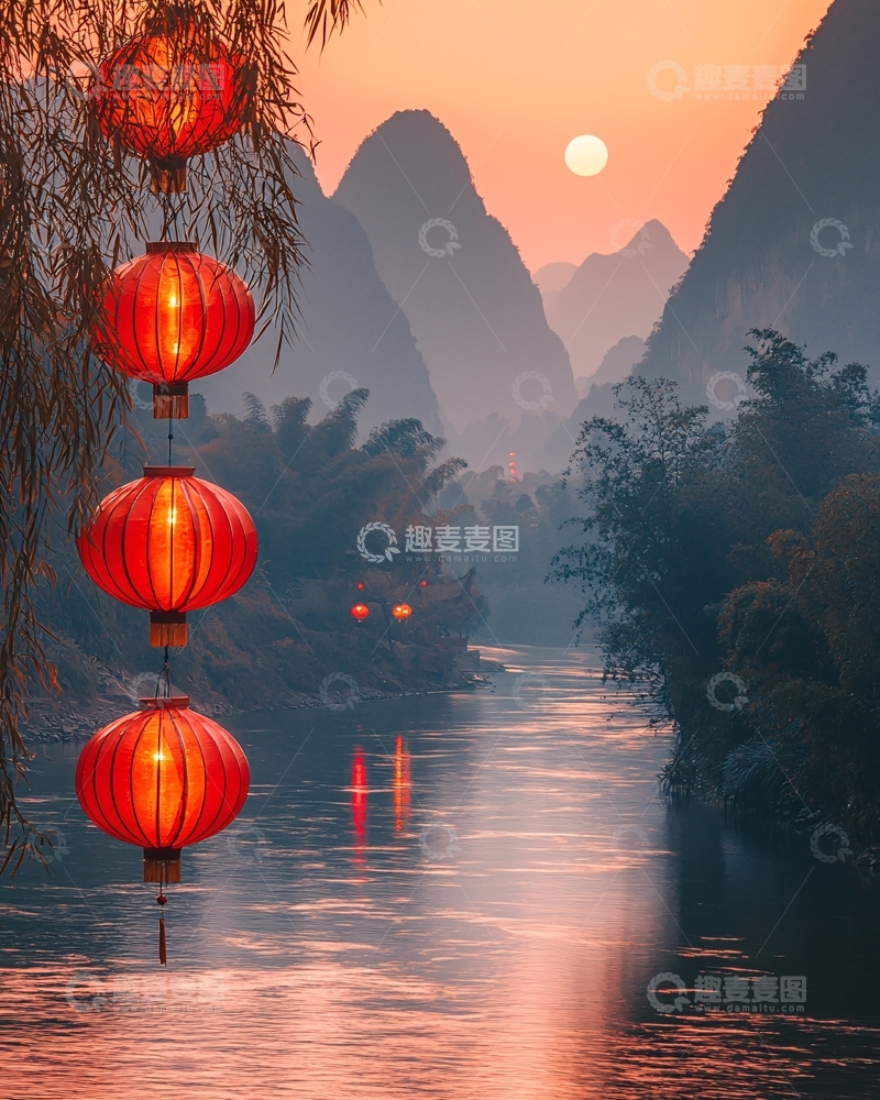 高清大图下载【趣麦麦图】日落山水红灯笼