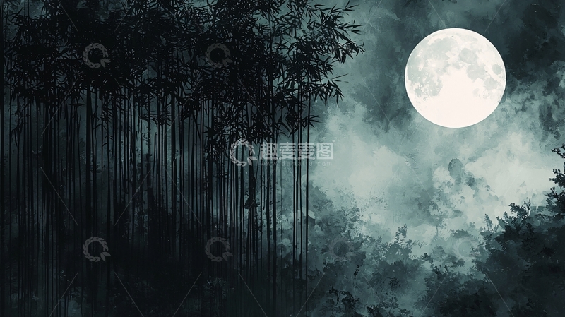 高清大图下载【趣麦麦图】月夜树影朦胧意境